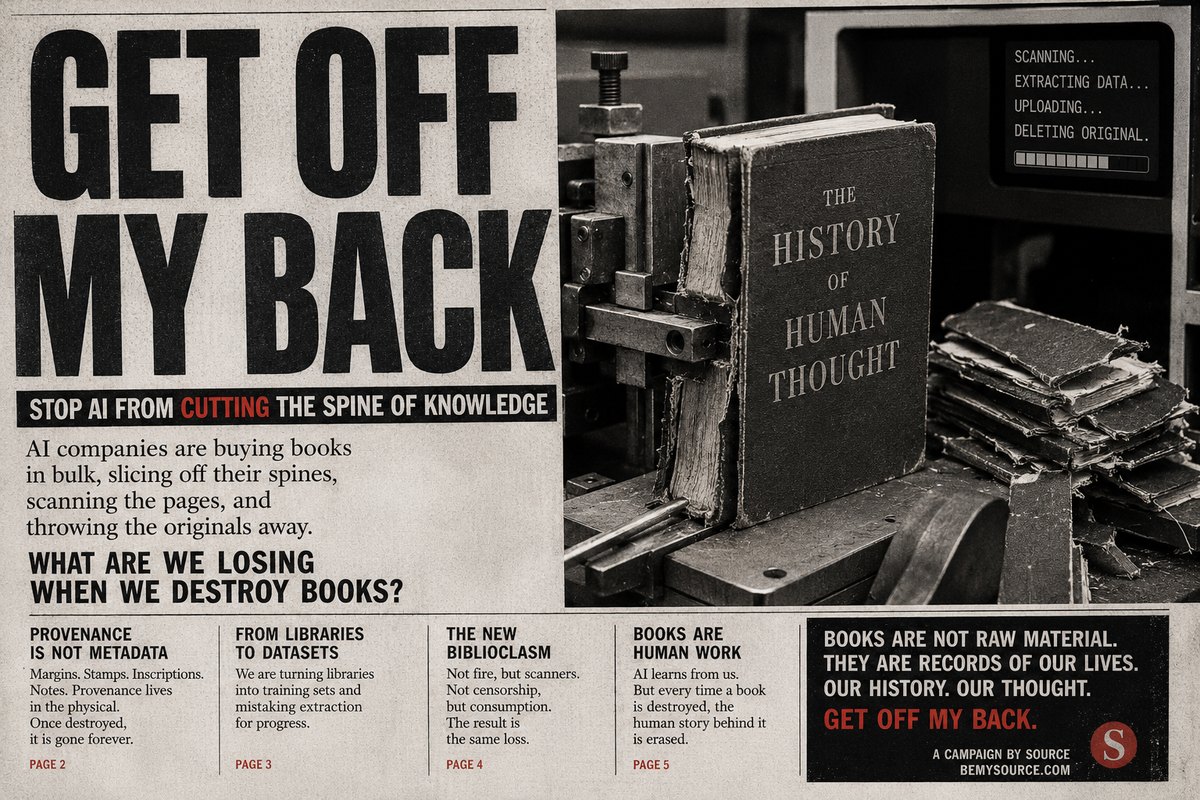 Get Off My Back campaign poster: a book titled 'The History of Human Thought' clamped in a machine that scans and destroys books, its screen reading 'deleting original', beside stacks of cut-up volumes
