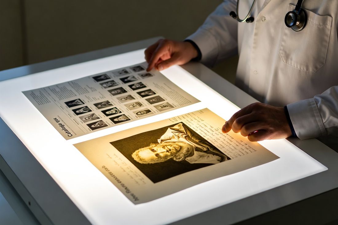 A researcher comparing a catalogue page and an archival print on a lightbox