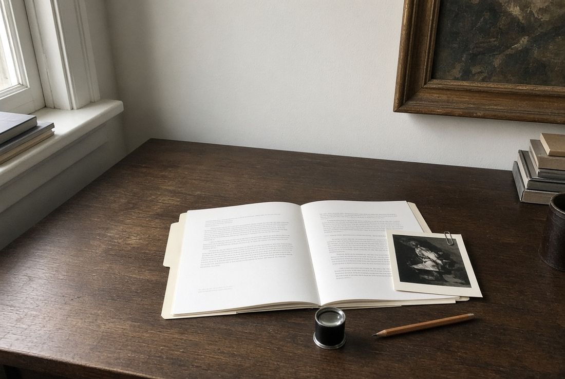 An open typed findings report in a folder, with a clipped reproduction, a loupe and a pencil