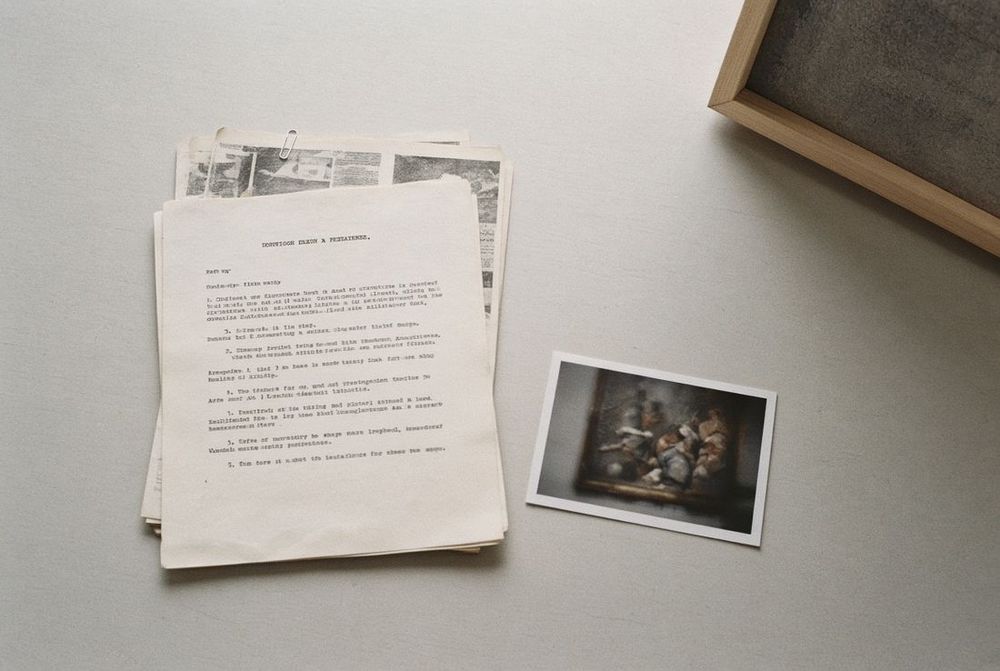 A clipped bundle of typed provenance papers beside a small photographic print of a painting