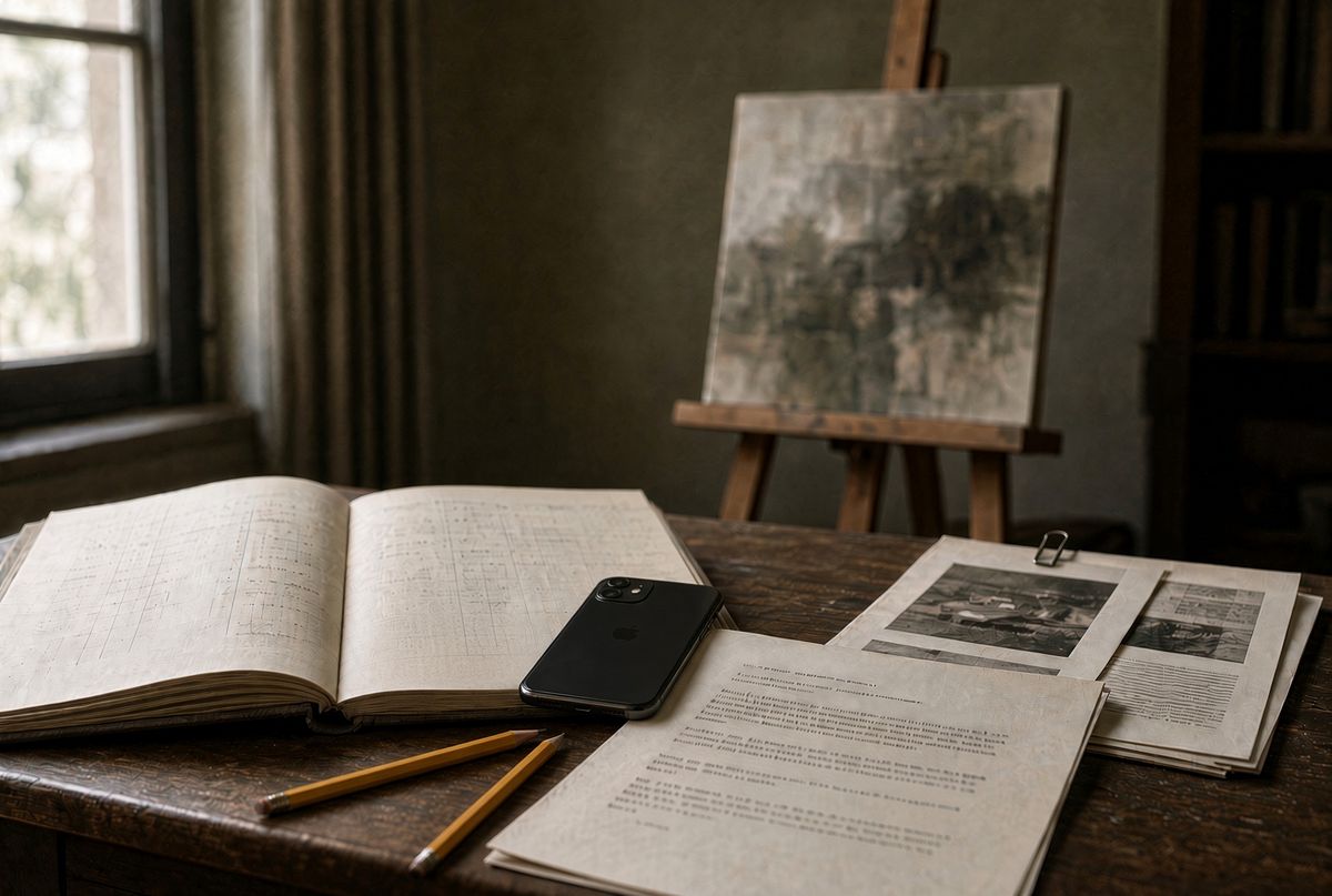 An open archival ledger, clipped photographic reproductions and research notes on a desk, with an unframed painting on an easel behind