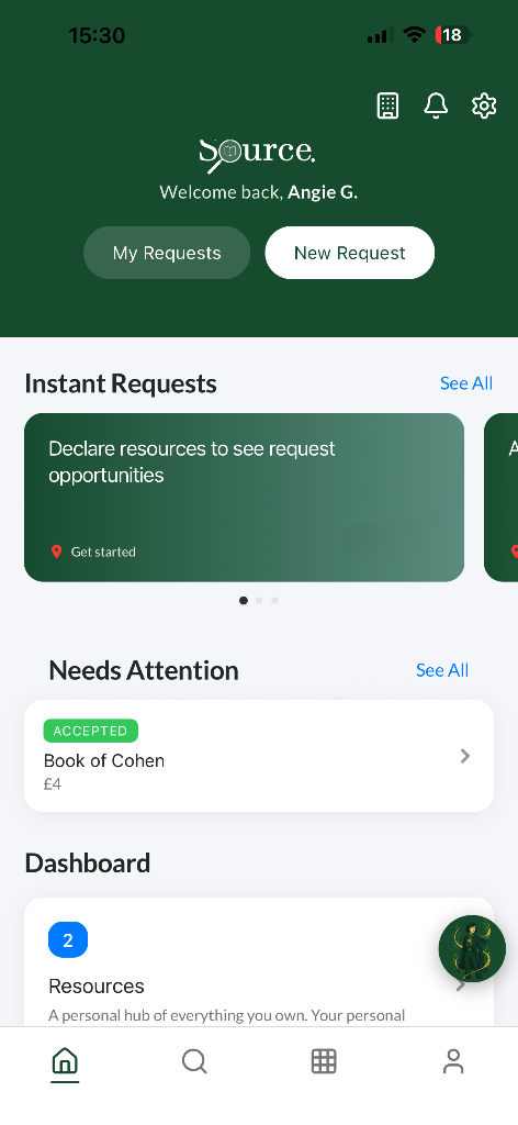 Source app home screen: a welcome dashboard with My Requests and New Request, plus instant request opportunities and recently accepted jobs