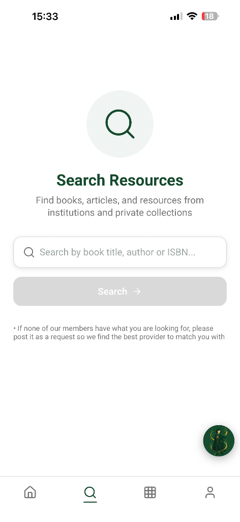 Source app search screen for finding books, articles, and resources by title, author, or ISBN