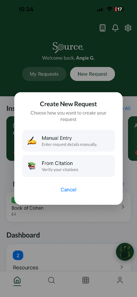 Source app dialog for creating a new request, by manual entry or from an uploaded citation
