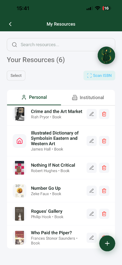 Source app personal resources list, showing books a member owns and can fulfil requests from