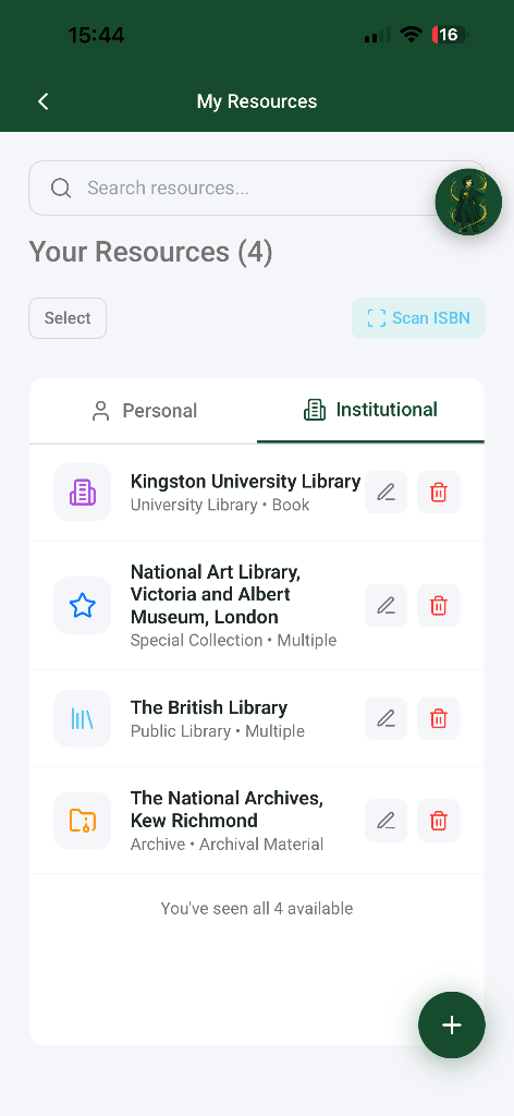 Source app institutional resources, listing libraries and archives including the British Library and The National Archives